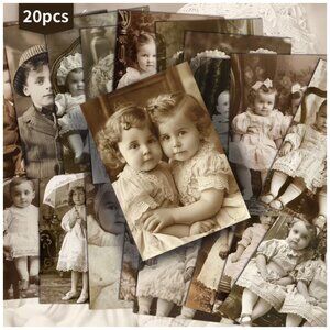 Postcards Sepia-Tone Vintage Twin Children Scrapbooking Junk Journals DIY Craft